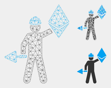 Mesh Ethereum miner model with triangle mosaic icon. Wire frame polygonal mesh of Ethereum miner. Vector collage of triangle elements in variable sizes and color tones.のイラスト素材