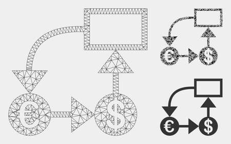 Mesh Euro and Dollar flow chart model with triangle mosaic icon. Wire carcass triangular mesh of Euro and Dollar flow chart. Vector composition of triangle elements in various sizes and color tints.のイラスト素材