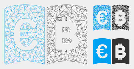 Mesh Euro and Bitcoin catalog model with triangle mosaic icon. Wire carcass triangular mesh of Euro and Bitcoin catalog. Vector collage of triangles in variable sizes and color tints.のイラスト素材