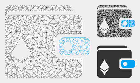 Mesh Ethereum purse model with triangle mosaic icon. Wire frame polygonal mesh of Ethereum purse. Vector mosaic of triangle elements in different sizes and color tones.のイラスト素材