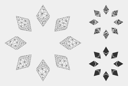 Mesh Ethereum radial model with triangle mosaic icon. Wire frame polygonal mesh of Ethereum radial. Vector composition of triangle parts in variable sizes and color tinges.のイラスト素材