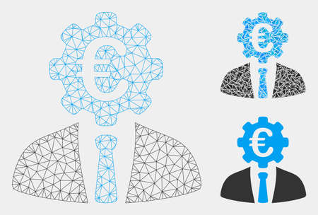 Mesh Euro banker model with triangle mosaic icon. Wire frame polygonal mesh of Euro banker. Vector mosaic of triangle parts in various sizes and color tints. Abstract flat mesh Euro banker,のイラスト素材