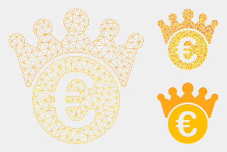 Mesh Euro crown model with triangle mosaic icon. Wire carcass triangular mesh of Euro crown. Vector collage of triangles in various sizes and color tones. Abstract 2d mesh Euro crown,のイラスト素材
