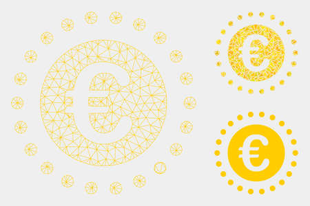 Mesh Euro gold coin model with triangle mosaic icon. Wire carcass polygonal mesh of Euro gold coin. Vector mosaic of triangle parts in different sizes and color tones. Abstract 2d mesh Euro gold coin,のイラスト素材