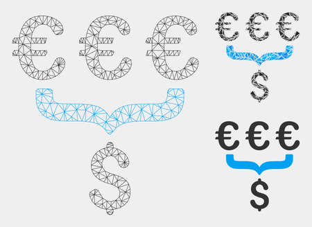 Mesh Euro Dollar conversion aggregator model with triangle mosaic icon. Wire frame polygonal mesh of Euro Dollar conversion aggregator. Vector collage of triangles in various sizes and color tints.のイラスト素材