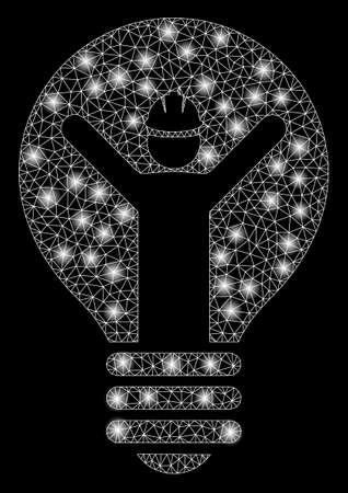 Bright mesh electrician with lightspot effect. Abstract illuminated model of electrician icon. Shiny wire frame triangular mesh electrician. Vector abstraction on a black background.のイラスト素材