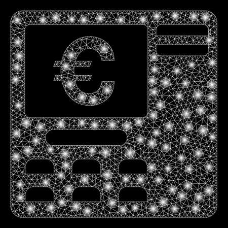 Bright mesh Euro ATM with glare effect. Abstract illuminated model of Euro ATM icon. Shiny wire carcass triangular mesh Euro ATM. Vector abstraction on a black background.のイラスト素材