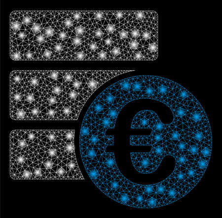 Bright mesh Euro database with glare effect. Abstract illuminated model of Euro database icon. Shiny wire carcass polygonal mesh Euro database. Vector abstraction on a black background.のイラスト素材
