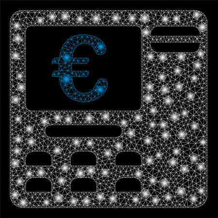 Bright mesh Euro ATM with lightspot effect. Abstract illuminated model of Euro ATM icon. Shiny wire frame triangular mesh Euro ATM. Vector abstraction on a black background.のイラスト素材