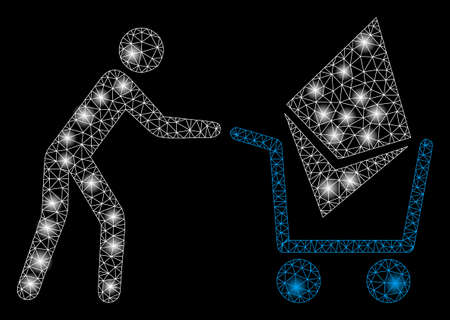 Bright mesh Ethereum shopping cart with glare effect. Abstract illuminated model of Ethereum shopping cart icon. Shiny wire carcass triangular mesh Ethereum shopping cart.のイラスト素材