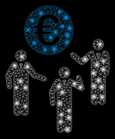 Bright mesh Euro discussion with glare effect. Abstract illuminated model of Euro discussion icon. Shiny wire carcass triangular network Euro discussion. Vector abstraction on a black background.のイラスト素材