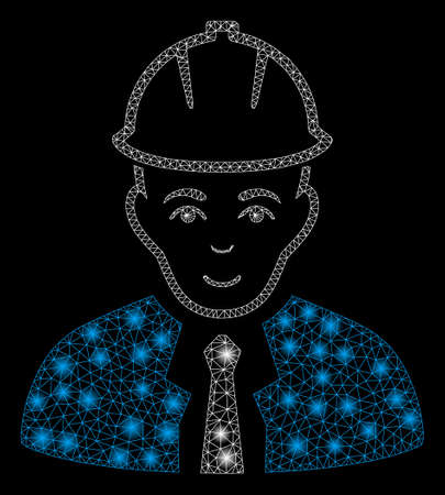 Bright mesh engineer with glare effect. Abstract illuminated model of engineer icon. Shiny wire frame polygonal network engineer. Vector abstraction on a black background.のイラスト素材