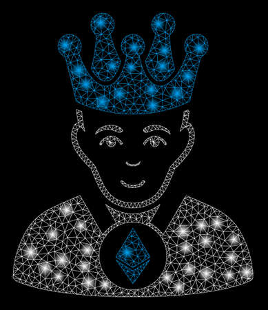Bright mesh Ethereum lord with lightspot effect. Abstract illuminated model of Ethereum lord icon. Shiny wire frame triangular mesh Ethereum lord. Vector abstraction on a black background.のイラスト素材