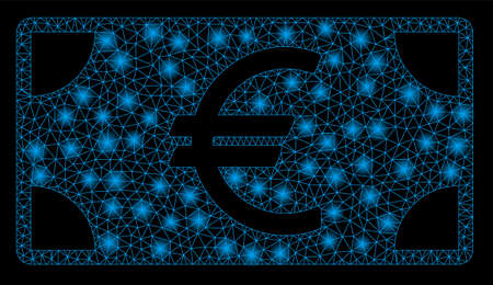 Bright mesh Euro banknote with glare effect. Abstract illuminated model of Euro banknote icon. Shiny wire frame triangular mesh Euro banknote. Vector abstraction on a black background.のイラスト素材