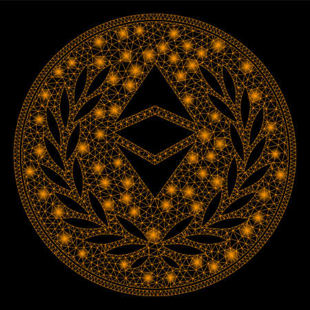 Bright mesh Ethereum classic laurel coin with glare effect. Abstract illuminated model of Ethereum classic laurel coin icon. Shiny wire frame triangular mesh Ethereum classic laurel coin.のイラスト素材