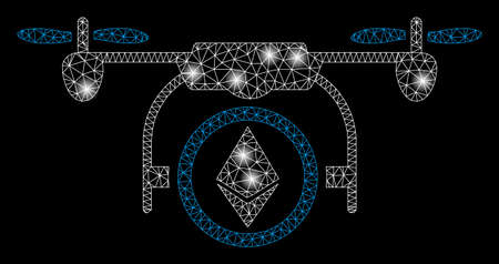 Bright mesh Ethereum drone with glow effect. Abstract illuminated model of Ethereum drone icon. Shiny wire frame triangular mesh Ethereum drone. Vector abstraction on a black background.のイラスト素材