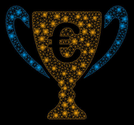 Bright mesh Euro cup with glow effect. Abstract illuminated model of Euro cup icon. Shiny wire carcass polygonal mesh Euro cup. Vector abstraction on a black background.のイラスト素材