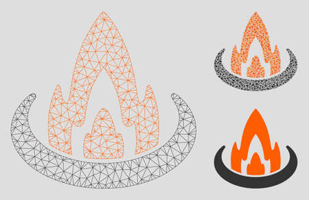 Mesh fire location model with triangle mosaic icon. Wire carcass polygonal network of fire location. Vector mosaic of triangle elements in variable sizes, and color tinges.のイラスト素材