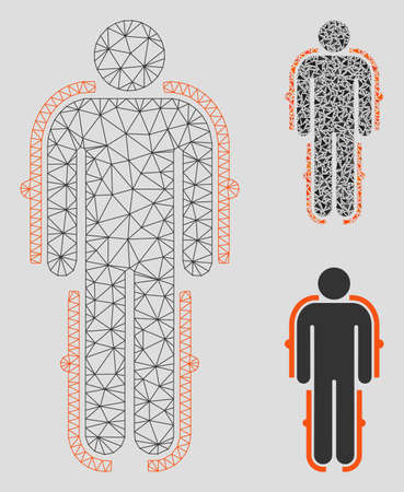 Mesh exoskeleton model with triangle mosaic icon. Wire carcass polygonal network of exoskeleton. Vector mosaic of triangle elements in various sizes, and color shades. Abstract 2d mesh exoskeleton,のイラスト素材