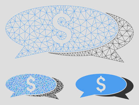 Mesh financial chat model with triangle mosaic icon. Wire carcass polygonal network of financial chat. Vector mosaic of triangle parts in different sizes, and color shades.のイラスト素材