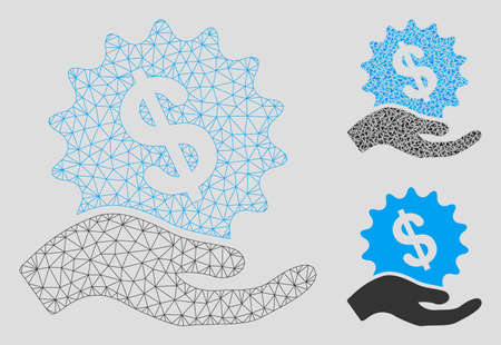 Mesh financial offer hand model with triangle mosaic icon. Wire frame polygonal mesh of financial offer hand. Vector collage of triangle parts in variable sizes, and color tones.のイラスト素材