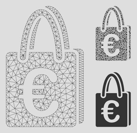 Mesh Euro shopping bag model with triangle mosaic icon. Wire frame polygonal mesh of Euro shopping bag. Vector mosaic of triangle parts in variable sizes, and color hues.のイラスト素材