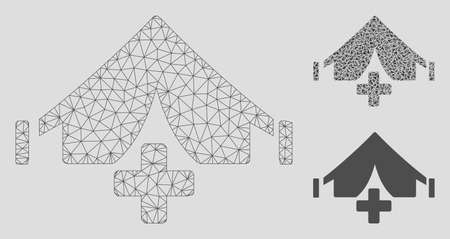 Mesh field hospital model with triangle mosaic icon. Wire carcass triangular mesh of field hospital. Vector mosaic of triangle parts in variable sizes, and color tints.のイラスト素材