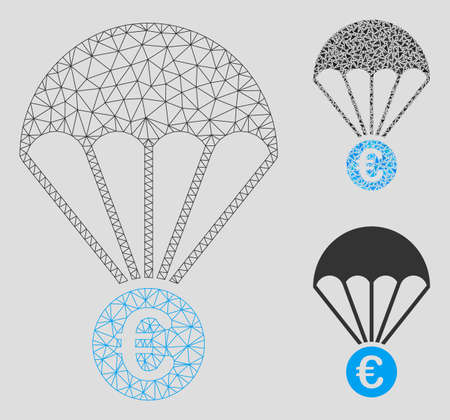 Mesh Euro parachute model with triangle mosaic icon. Wire frame triangular network of Euro parachute. Vector composition of triangle parts in variable sizes, and color shades.のイラスト素材