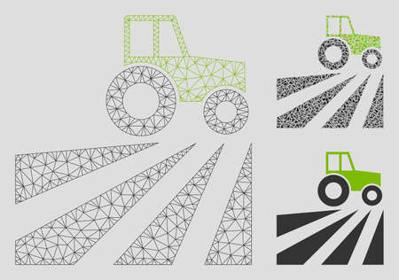 Mesh farm field with tractor model with triangle mosaic icon. Wire carcass polygonal mesh of farm field with tractor. Vector mosaic of triangle parts in various sizes, and color tones.のイラスト素材