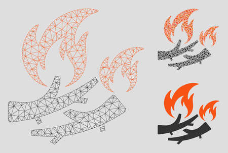 Mesh firewood fire model with triangle mosaic icon. Wire carcass polygonal mesh of firewood fire. Vector mosaic of triangles in various sizes, and color tinges. Abstract flat mesh firewood fire,のイラスト素材