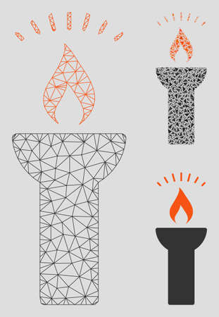 Mesh fire torch light model with triangle mosaic icon. Wire carcass triangular mesh of fire torch light. Vector mosaic of triangles in variable sizes, and color shades.のイラスト素材