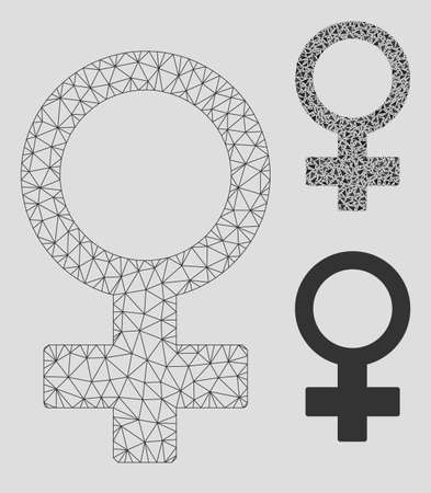 Mesh female symbol model with triangle mosaic icon. Wire frame triangular mesh of female symbol. Vector mosaic of triangle elements in various sizes, and color tones. Abstract 2d mesh female symbol,のイラスト素材