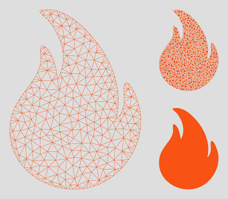 Mesh fire model with triangle mosaic icon. Wire carcass polygonal mesh of fire. Vector mosaic of triangle elements in different sizes, and color shades. Abstract 2d mesh fire,のイラスト素材