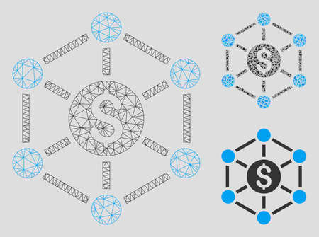 Mesh financial radial scheme model with triangle mosaic icon. Wire carcass triangular mesh of financial radial scheme. Vector mosaic of triangle elements in various sizes, and color hues.のイラスト素材