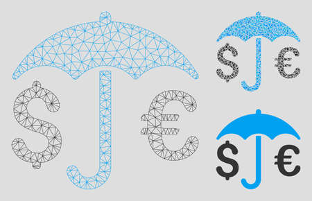 Mesh financial umbrella model with triangle mosaic icon. Wire frame triangular mesh of financial umbrella. Vector mosaic of triangle elements in variable sizes, and color shades.のイラスト素材
