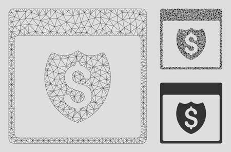 Mesh financial shield calendar page model with triangle mosaic icon. Wire carcass polygonal mesh of financial shield calendar page. Vector mosaic of triangle parts in variable sizes, and color tinges.のイラスト素材