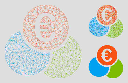 Mesh euro finances model with triangle mosaic icon. Wire carcass polygonal network of euro finances. Vector mosaic of triangles in various sizes, and color tints. Abstract flat mesh euro finances,のイラスト素材