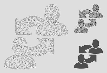 Mesh exchange user model with triangle mosaic icon. Wire carcass polygonal mesh of exchange user. Vector mosaic of triangle elements in different sizes, and color tints.のイラスト素材