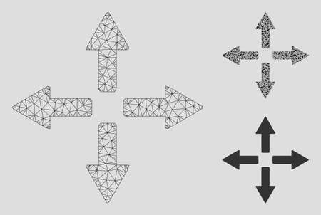 Mesh expand arrows model with triangle mosaic icon. Wire carcass polygonal mesh of expand arrows. Vector mosaic of triangle elements in variable sizes, and color hues.のイラスト素材