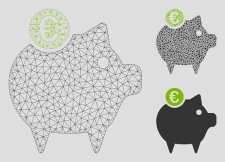 Mesh Euro piggy bank model with triangle mosaic icon. Wire frame polygonal mesh of Euro piggy bank. Vector mosaic of triangles in variable sizes, and color tinges. Abstract 2d mesh Euro piggy bank,のイラスト素材