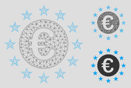 Mesh Euro union stars model with triangle mosaic icon. Wire frame polygonal mesh of Euro union stars. Vector mosaic of triangle parts in different sizes, and color tints.のイラスト素材