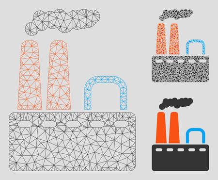 Mesh factory model with triangle mosaic icon. Wire frame polygonal mesh of factory. Vector mosaic of triangle elements in different sizes, and color hues. Abstract 2d mesh factory,のイラスト素材
