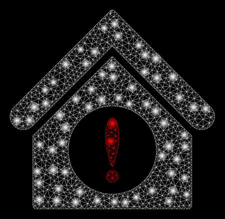 Glossy mesh exclamation building with glitter effect. Abstract illuminated model of exclamation building icon. Shiny wire frame triangular mesh exclamation building.のイラスト素材