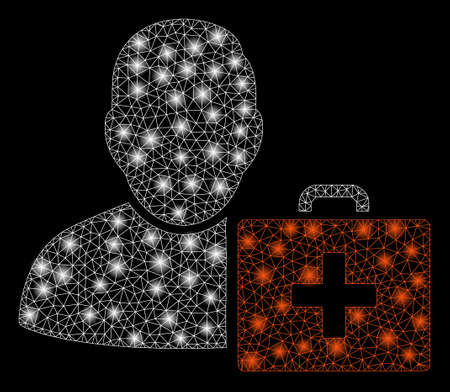 Bright mesh first aid man with glare effect. Abstract illuminated model of first aid man icon. Shiny wire carcass polygonal mesh first aid man. Vector abstraction on a black background.のイラスト素材