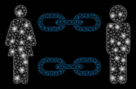 Glowing mesh family chains with sparkle effect. Abstract illuminated model of family chains icon. Shiny wire carcass triangular mesh family chains. Vector abstraction on a black background.のイラスト素材