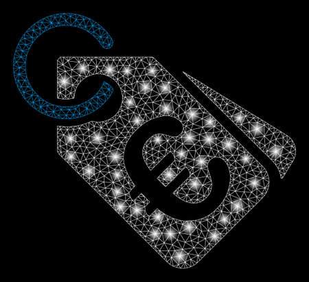 Glowing mesh Euro price tags with glitter effect. Abstract illuminated model of Euro price tags icon. Shiny wire carcass triangular network Euro price tags. Vector abstraction on a black background.のイラスト素材