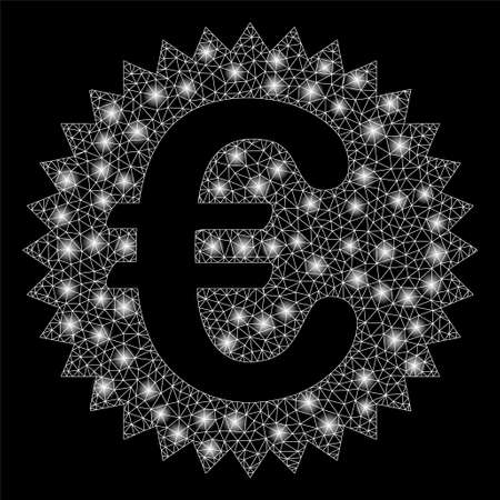 Glowing mesh Euro warranty stamp with glare effect. Abstract illuminated model of Euro warranty stamp icon. Shiny wire carcass triangular mesh Euro warranty stamp.のイラスト素材