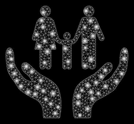 Flare mesh family care hands with lightspot effect. Abstract illuminated model of family care hands icon. Shiny wire frame polygonal mesh family care hands. Vector abstraction on a black background.のイラスト素材