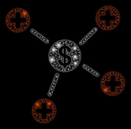 Glowing mesh financial medical links with glare effect. Abstract illuminated model of financial medical links icon. Shiny wire carcass triangular mesh financial medical links.のイラスト素材