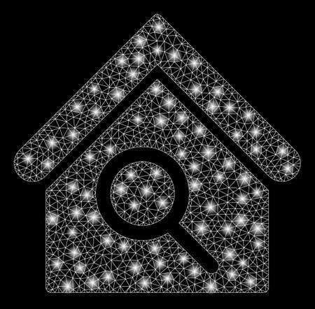 Flare mesh find building with glare effect. Abstract illuminated model of find building icon. Shiny wire carcass polygonal network find building. Vector abstraction on a black background.のイラスト素材